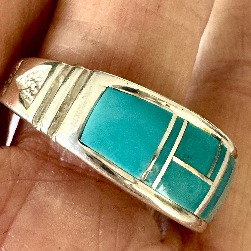 Mens‎ Navajo Wedding Band 12.5 Ring Turquoise 9mm Inlay Signed Tolino Native
